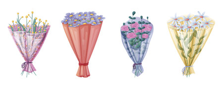 Set of cartoon bouquets in wrapping paper isolated on white.の写真素材