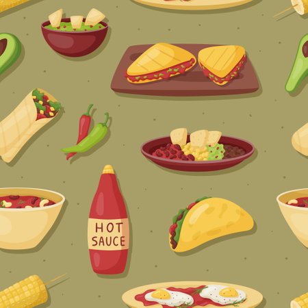 Vector seamless pattern with cartoon mexican food, nachos, hot sauces, tortillas. Latin American spicy fast food.のイラスト素材