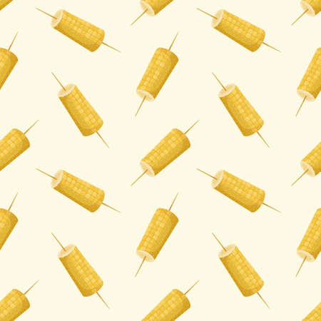 Vector seamless pattern, cartoon isolated boiled corn on a skewer. Background with street fast food.のイラスト素材