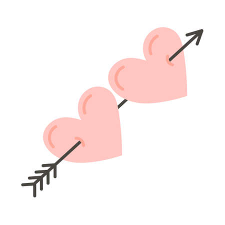 Vector cute illustration of two hearts pierced by an arrow of cupid isolated on white.のイラスト素材