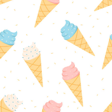 Vector seamless cartoon pattern with cartoon vanilla ice cream cones.のイラスト素材