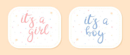 Vector cartoon banner or card for a gender party with lettering its a boy, its a girl.のイラスト素材