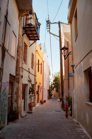 European narrow cobbled street, Chania, Crete.の写真素材