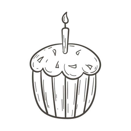 Vector doodle isolated illustration of cupcake and muffin with icing and candle.のイラスト素材