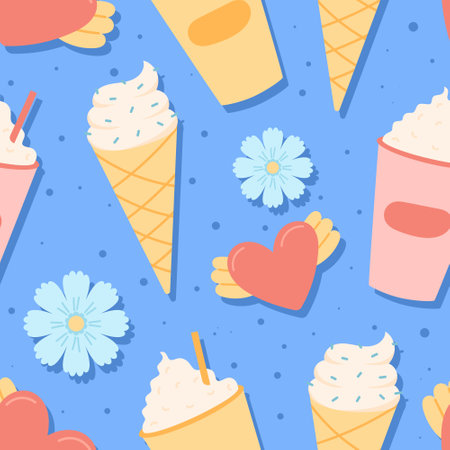 Summer vector seamless bright pattern with milkshake, ice cream cone, heart and flower icon.のイラスト素材