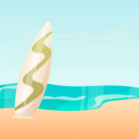 Vector illustration of a summer landscape of a sandy beach by the sea with a surfboard.のイラスト素材