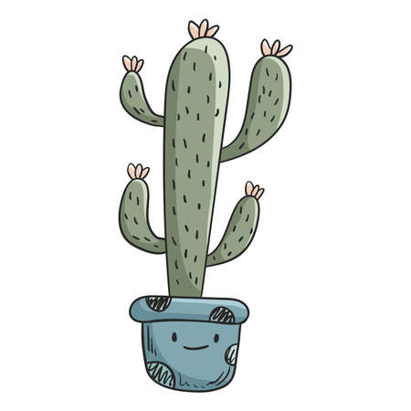 Vector doodle illustration of home plant, cactus in a pot isolated on white.のイラスト素材