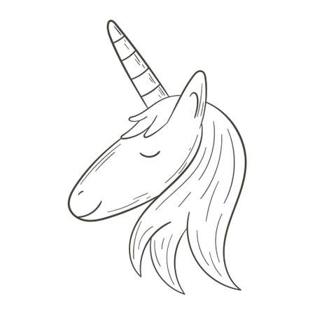 Vector illustration doodle head of a cute fabulous pink unicorn with a mane.のイラスト素材