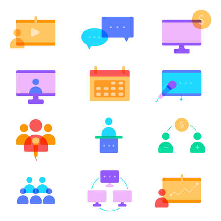 Set of vector flat isolated icons, modern information technologies, conference, presentation showing.のイラスト素材