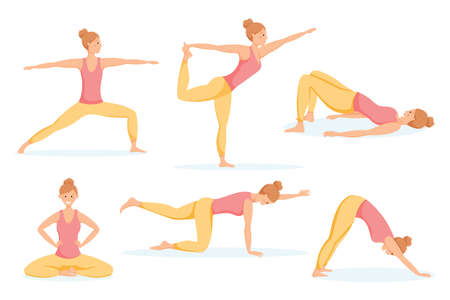 Set of vector isolated illustration, young woman doing yoga or gymnastics, sports poses or asanas.のイラスト素材