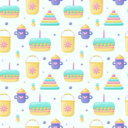Children toys, bucket, pyramid and mug, birthday cake with candle. Vector cartoon baby pattern.のイラスト素材