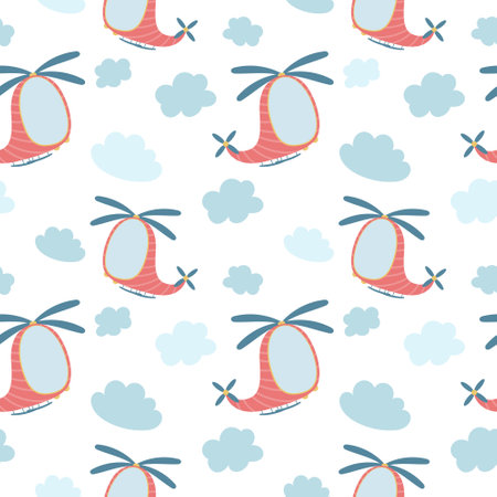 Baby boy toys, helicopter and clouds, vector seamless cartoon pattern.のイラスト素材