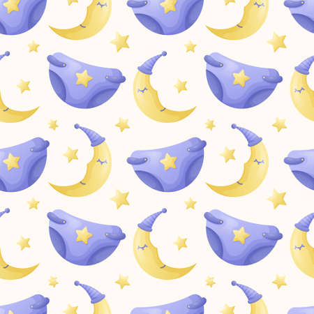 Baby diaper or panty and crescent moon in sleep cap, vector cartoon seamless pattern.