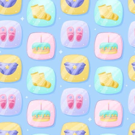 Icons of baby clothes and accessories, diaper, socks, shoes and birthday cake, vector seamless pattern.のイラスト素材