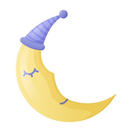Cute cartoon crescent moon in a sleeping cap. Vector isolated illustration.のイラスト素材