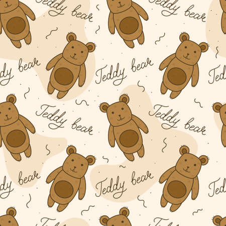 Toy children teddy bear and hand lettering, vector cartoon seamless pattern.のイラスト素材