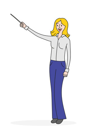 Teacher blond woman in shirt and trousers stands in full growth with a pointer in her hand, vector funny isolated cartoon illustration.のイラスト素材