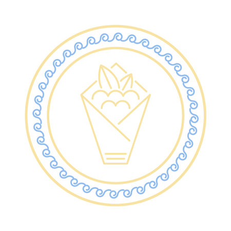 Greek traditional fast food, souvlaki or gyros icon. Design element, line simple with ancient Mediterranean meander ornament.のイラスト素材