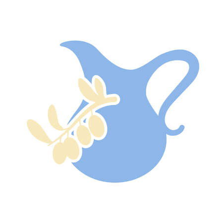 A branch with leaves and olives, ceramic jug with oil or wine. Vector isolated icon in ancient greek style.のイラスト素材