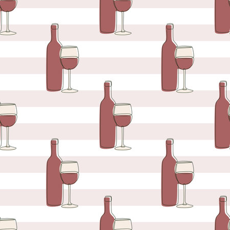 Red wine bottle and glass, line art illustration, endless line drawing. Vector seamless pattern.のイラスト素材