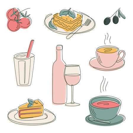 Set of vector isolated food illustrations in line art style, endless line drawing.のイラスト素材