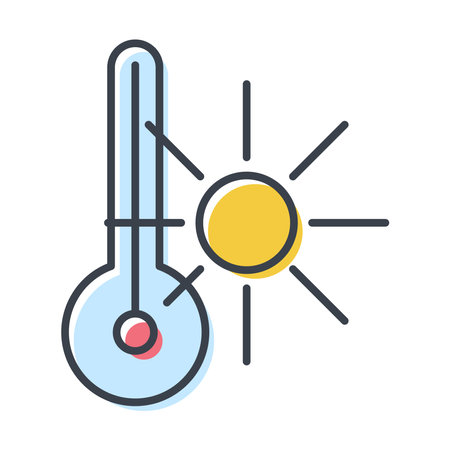 Thermometer and sun icon, vector isolated line illustration.