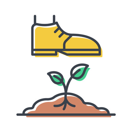 Boot stepping on a sprout with growing leaves from the ground, vector isolated flat icon, environmental conservation and ecology destruction design element.