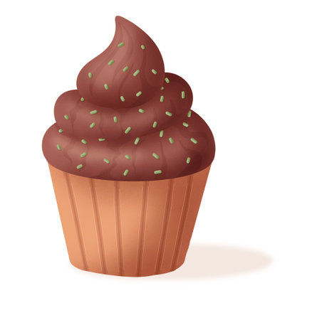 Cartoon dessert, sweet chocolate cupcake with sprinkles.の写真素材