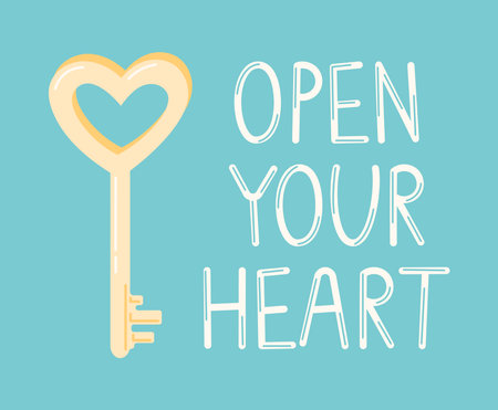 Open your heart - hand drawn lettering and golden key. vector illustration.のイラスト素材