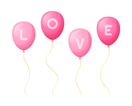 set of flying pink balloons with letters, the inscription love. Vector cartoon illustration.のイラスト素材