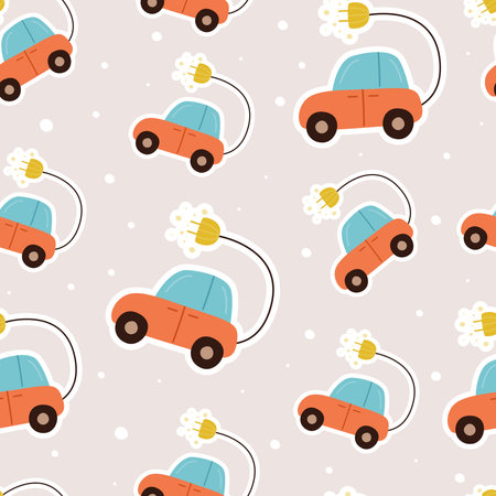 Cartoon electric car with wire and charging plug, vector seamless pattern.のイラスト素材
