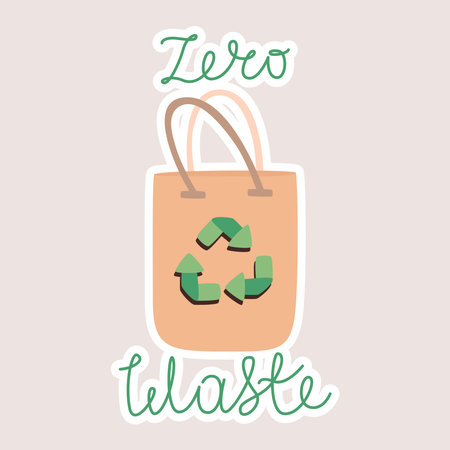Reusable shopping bag with recycling arrow sign, hand lettering zero waste. Vector cartoon isolated sticker.のイラスト素材