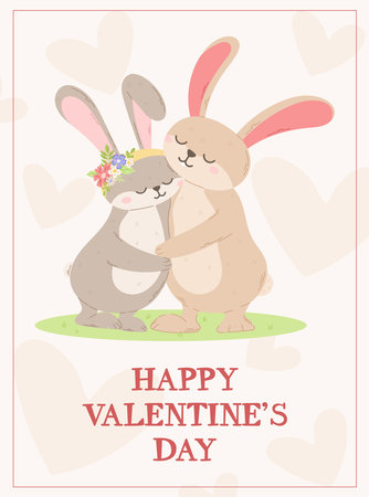 Loving couple hugging cute hares or rabbits. Vector cartoon greeting card for valentines day.のイラスト素材