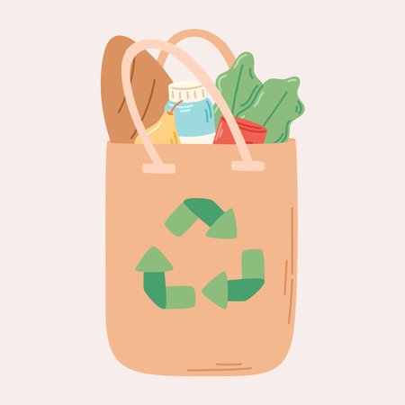 Reusable cartoon shopper bag with groceries and recycling sign. Vector isolated flat illustration of...