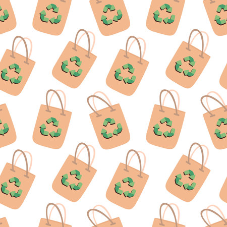 Reusable shopper bag with recycling sign. Vector flat seamless pattern.のイラスト素材