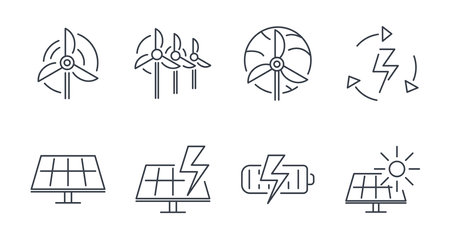 Set of vector isolated black line icons, alternative energy sources, solar and wind generator.のイラスト素材