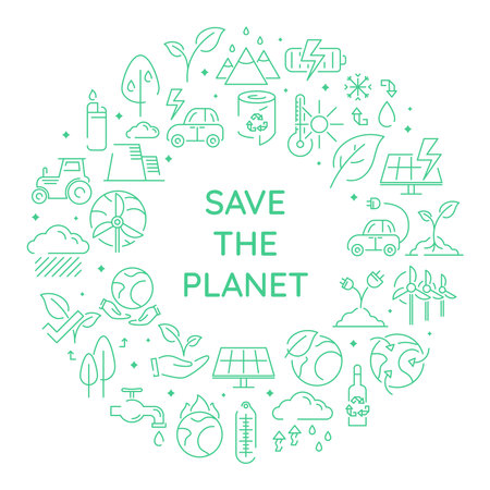 Vector banner with text Save the planet. Isolated green climate and eco icons in circle shape.のイラスト素材