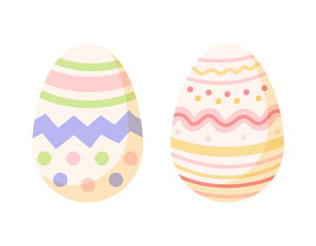 Two isolated vector painted colorful Easter eggs. Cartoon traditional religious design element.のイラスト素材