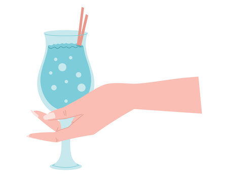 Cartoon Female hand holding a glass of soda or alcoholic cocktail with a straw. Vector isolated flat illustration.のイラスト素材