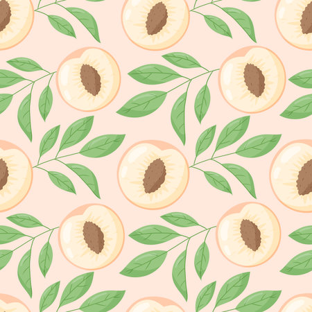 Half of fresh ripe orange peach or nectarine with pit, branches with leaves. Vector seamless cartoon pattern.のイラスト素材