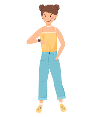 Girl with smart watch on her wrist. Cartoon Woman looking at fitness bracelet. Geolocation division. Vector isolated flat illustration.のイラスト素材