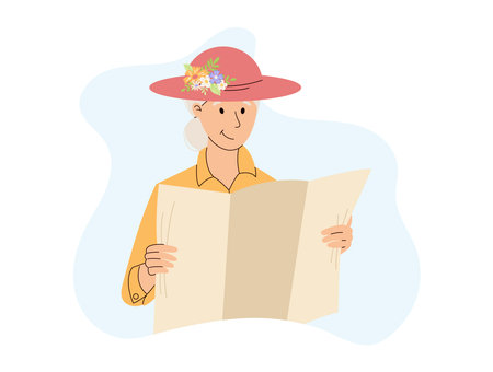 Elderly cartoon woman in a hat holding a newspaper or a map. Vector isolated flat illustration.のイラスト素材
