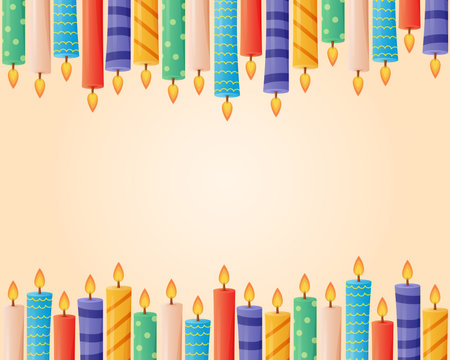 Frame of festive colorful wax candles with fire. Vector cartoon gift background or banner.のイラスト素材
