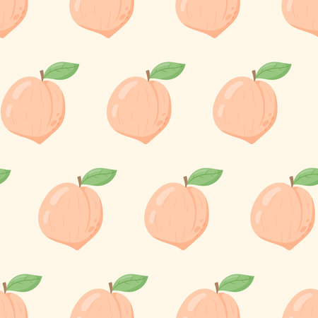 Whole ripe peach or nectarine with a leaf on a twig. Vector seamless cartoon pattern.