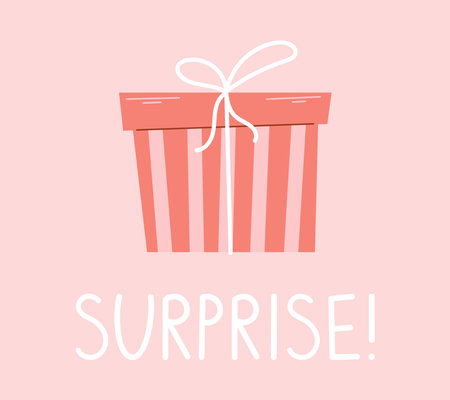 Pink striped holiday Box with a Bow and text surprise. Vector isolated cartoon Gift illustrationのイラスト素材