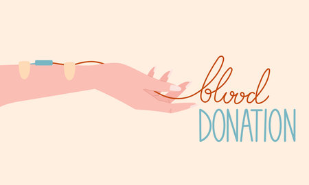 Blood donation concept flat banner with lettering. Cartoon female hand with catheter, plaster and tubes.のイラスト素材