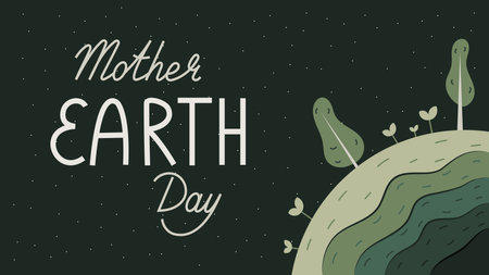 International world holiday Mother Earth Day. Vector banner with green planet with trees and plants in paper cut style. The concept of environment and nature protectionのイラスト素材