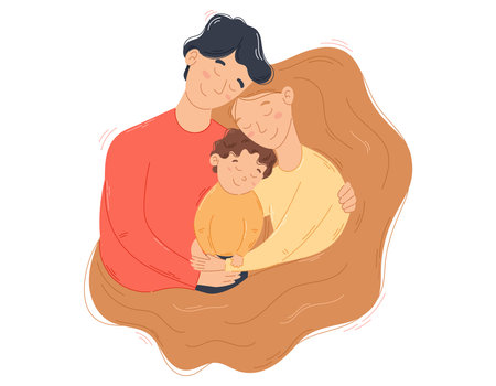 Cute cartoon hugging family, mom dad and son. Flat Cozy woman with long lush hair, man and child in an embrace. World parents day vector illustration.のイラスト素材