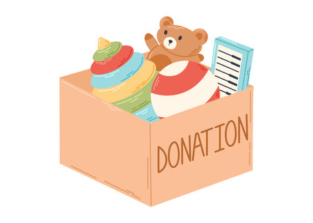 Cardboard donation box with toys. Social support for poor children. Flat illustration of pyramid, teddy bear, piano and ball.のイラスト素材