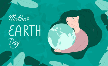World Holiday Mother Earth Day vector green banner. Young woman with lush hair hugging the planet Earth. The concept of nature and environment protection.のイラスト素材